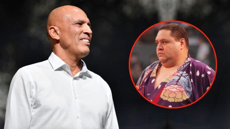 Royce Gracie with an inset of Akebono Tarō
