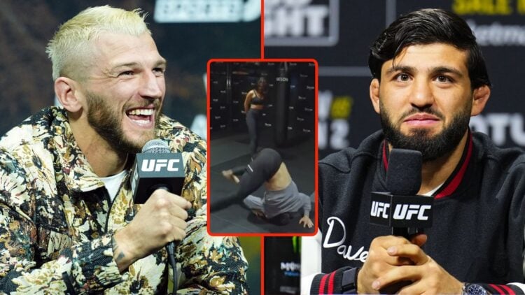 Split image of Dan Hooker and Arman Tsarukyan, both speaking on the mic. Inset, a screenshot from Nina Drama's video wherein she trains with Tsaruk...