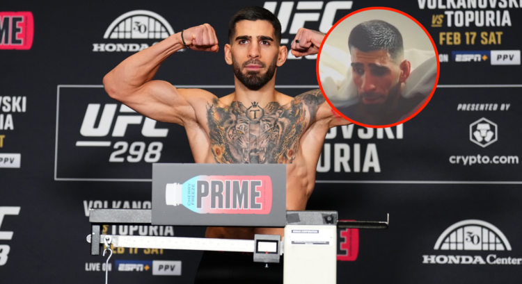 Main photo shows Ilia Topuria weighing in for UFC 298, bubble shows him in tears cutting weight