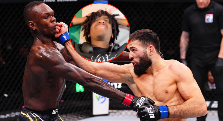 Israel Adesanya being punched by Nassourdine Imavov while Kenny Okoye reacts in a bubble