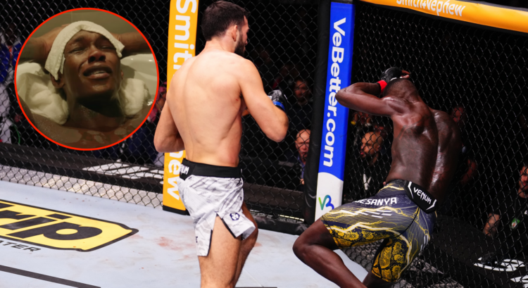 Main photo shows Nassourdine Imavov knocking out Israel Adesanya, Bubble shows Israel Adesanya crying during a weight cut