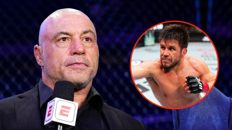 Joe Rogan speaks before the UFC 309 event at Madison Square Garden. Inset, Henry Cejudo punches Song Yadong of China in a bantamweight fight.