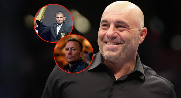 Joe Rogan with bubbles showing Khabib Nurmagomedov and Georges St-Pierre