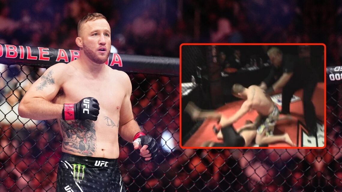 Justin Gaethje prepares to fight in a lightweight fight during the UFC 300 event. Inset, Justin Gaethje VS Drew Fickett.