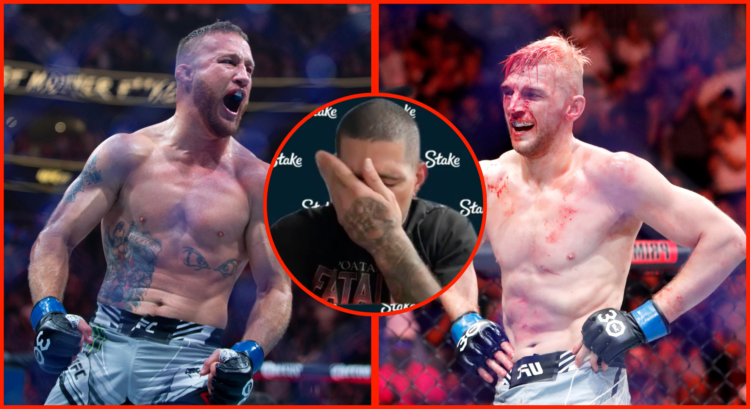 Composite image. Left and right photos show Justin Gaethje and Dan Hooker both after UFC fights. Middle bubble shows Alex Pereira with his hand on ...