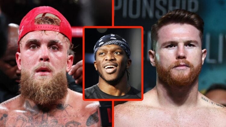 Split image of Jake Paul (left) and Canelo Alvarez (right), inset. KSI.