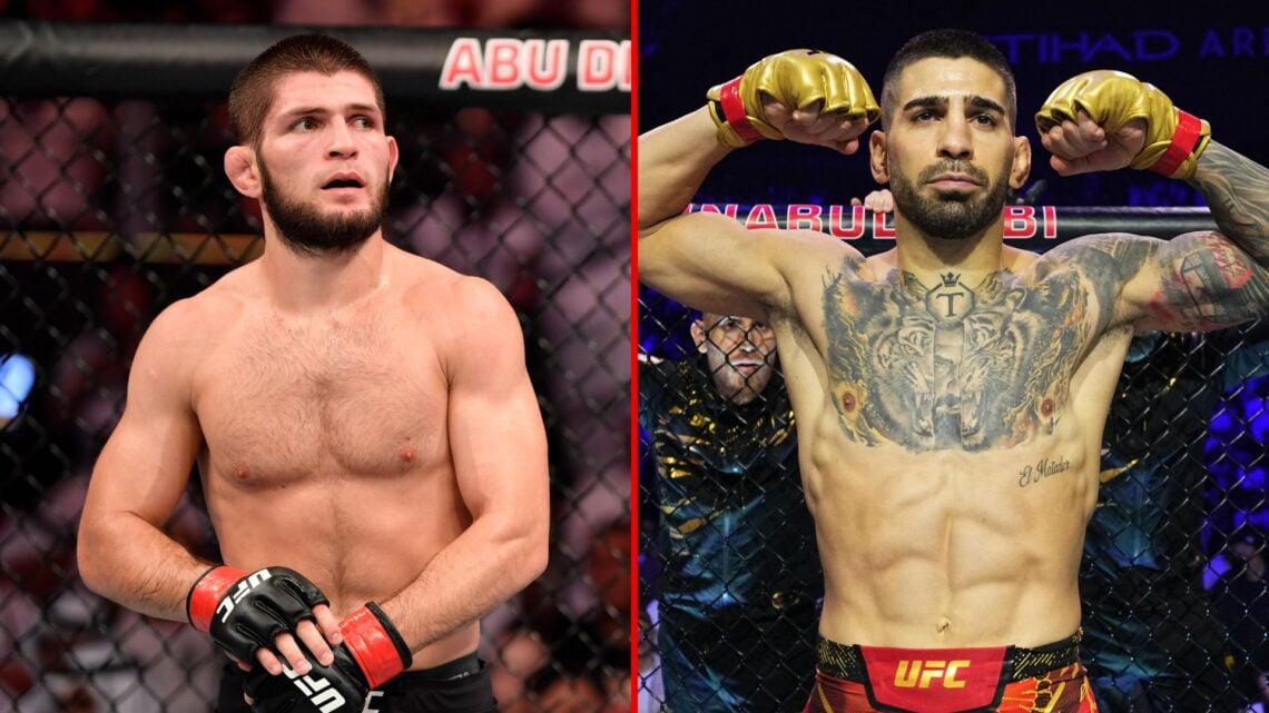 Split image of Khabib Nurmagomedov standing in his corner between rounds and Ilia Topuria preparing to face Max Holloway