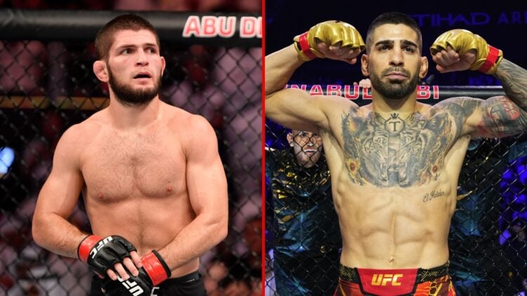 Split image of Khabib Nurmagomedov standing in his corner between rounds and Ilia Topuria preparing to face Max Holloway