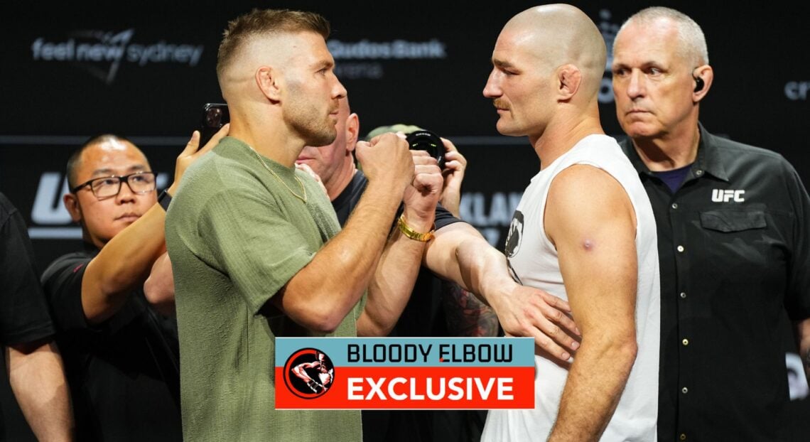 Image of Dricus du Plessis and Sean Strickland with overlay text reading BLOODY ELBOW EXCLUSIVE