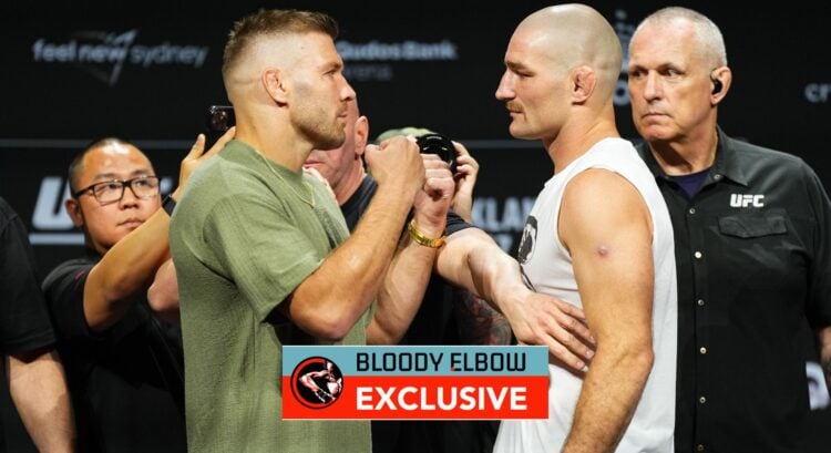 Image of Dricus du Plessis and Sean Strickland with overlay text reading BLOODY ELBOW EXCLUSIVE