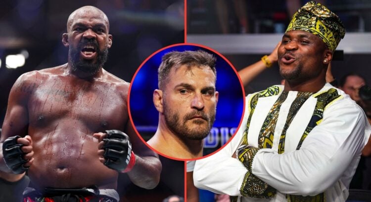 Split image of Jon Jones and Francis Ngannou. Inset, Stipe Miocic