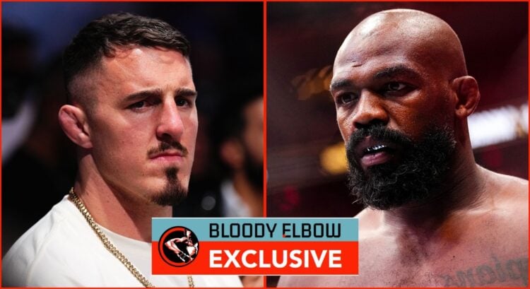 Split image of Tom Aspinall and Jon Jones with overlay text reading BLOODY ELBOW EXCLUSIVE