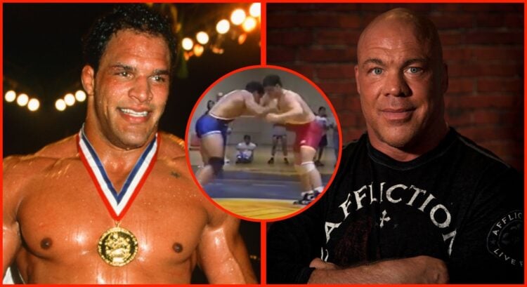 Split image of Mark Kerr and Kurt Angle. Inset, screenshot of Kerr vs Angle in wrestling