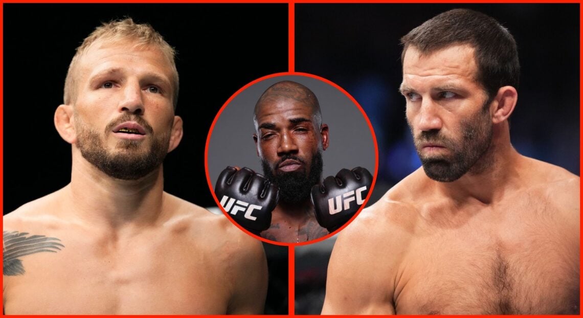 Split image of TJ Dillashaw and Luke Rockhold. Inset, Bobby Green
