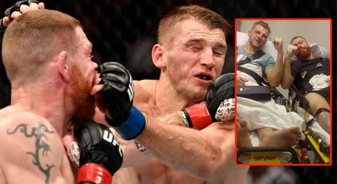 Image of Paul Felder vs Dan Hooker. Inset, Felder and Hooker in a hospital