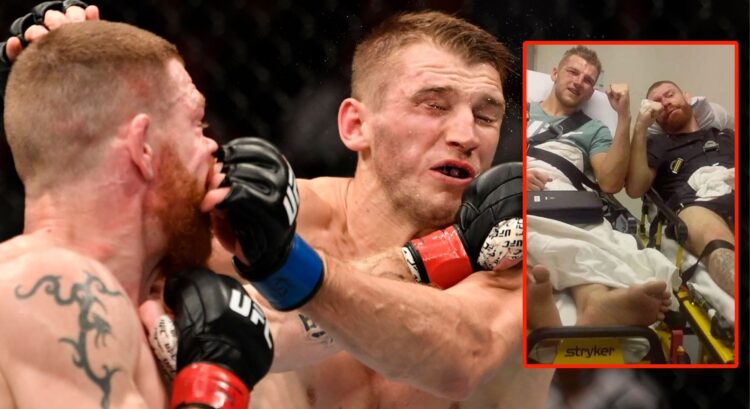 Image of Paul Felder vs Dan Hooker. Inset, Felder and Hooker in a hospital