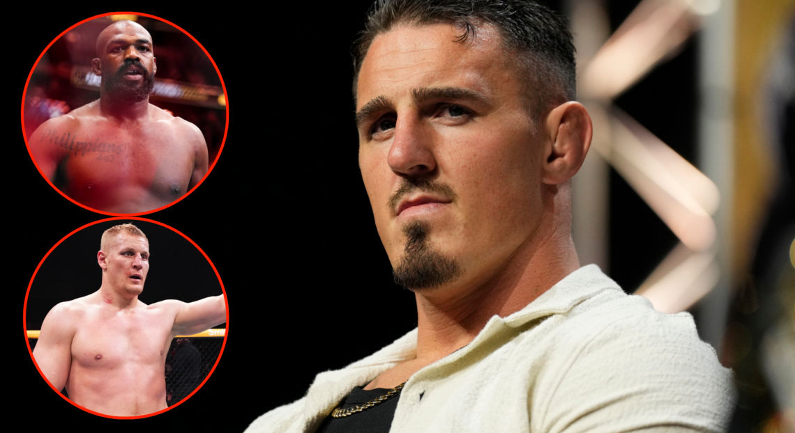 Image of Tom Aspinall, inset images of Jon Jones and Sergei Pavlovich