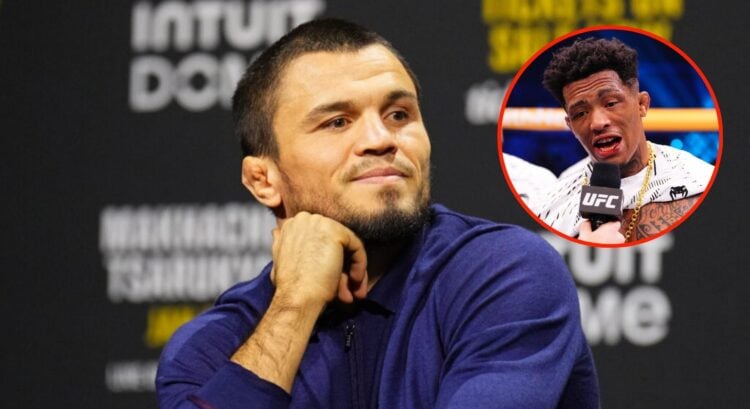 Umar Nurmagomedov at the UFC 311 press conference. Inset, Vinicius Oliveira after his win at UFC Saudi Arabia.