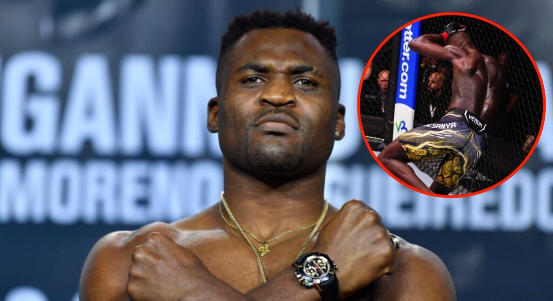 Francis Ngannou poses at UFC 270 weigh-in. Inset, Israel Adesnaya loses at UFC Saudi Arabia