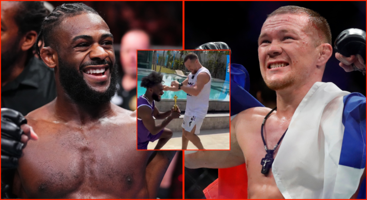 Image of Aljamain Sterling (left), Petr Yan (right), inset image of Petr Yan and Aljamain Sterling in viral clip