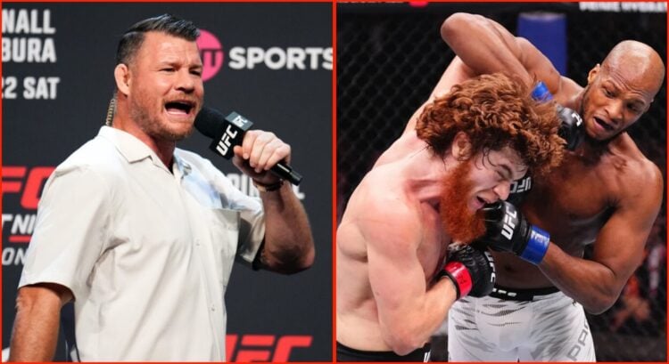 Split image of Michael Bisping hosting a UFC event, with an action shot from Shara Magomedov vs Michael Page