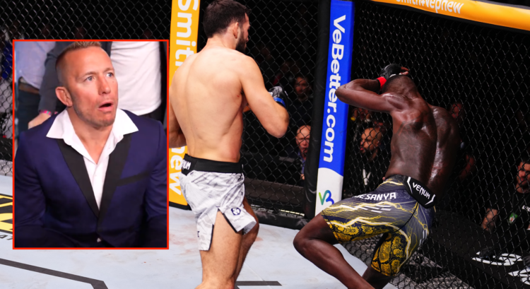 Image of Nassourdine Imavov dropping Israel Adesanya, inset image of Georges St-Pierre