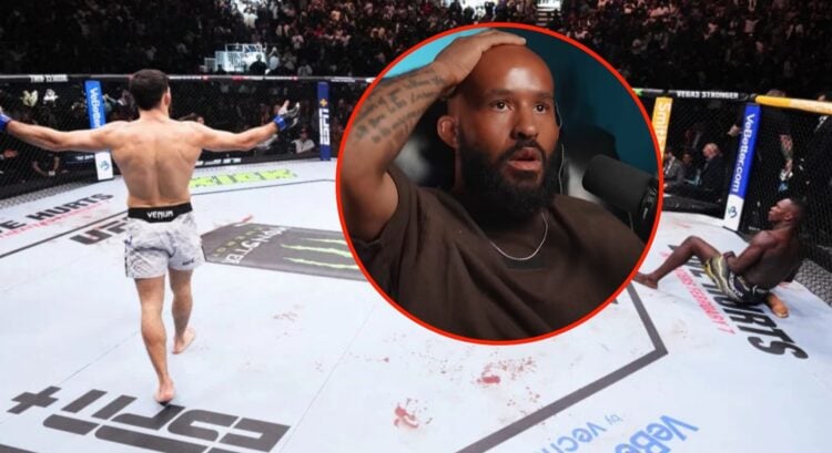 Image of Nassourdine Imavov and Israel Adesanya at UFC Saudi Arabia. Inset, a screenshot of Demetrious Johnson reacting to their fight