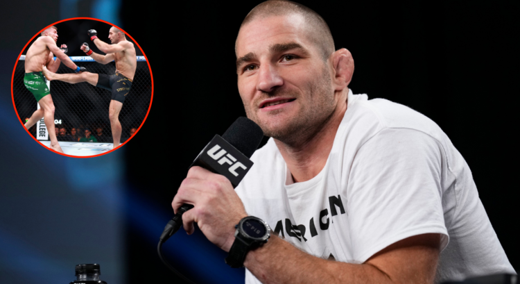 Image of Sean Strickland, inset Sean Strickland and Dricus du Plessis fighting at UFC 297.