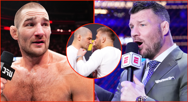 Image of Sean Strickland, Michael Bisping, inset image of Strickland and Dricus du Plessis faceoff