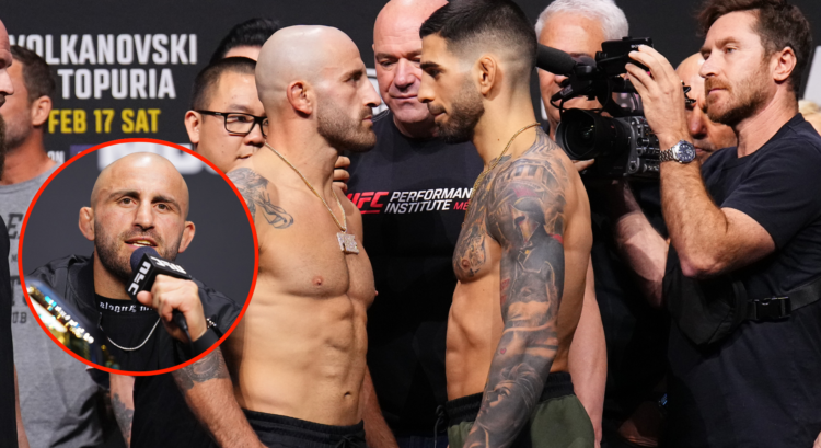 Image of Alexander Volkanovski and Ilia Topuria at the UFC 298 ceremonial weigh-in, inset image of Alexander Volkanovski at 2024 Seasonal Press Con...