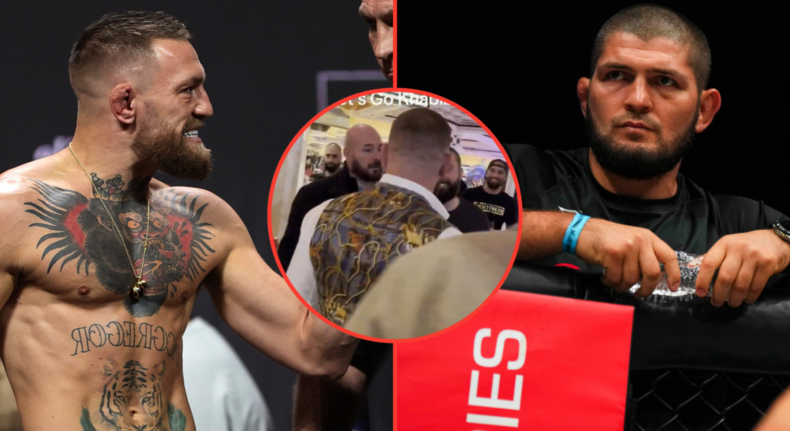Image of Conor McGregor, Khabib Nurmagomedov, inset McGregor (center) confronting a fan