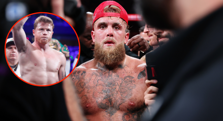 Image of Jake Paul after defeating Mike Tyson, inset image of Canelo Alvarez