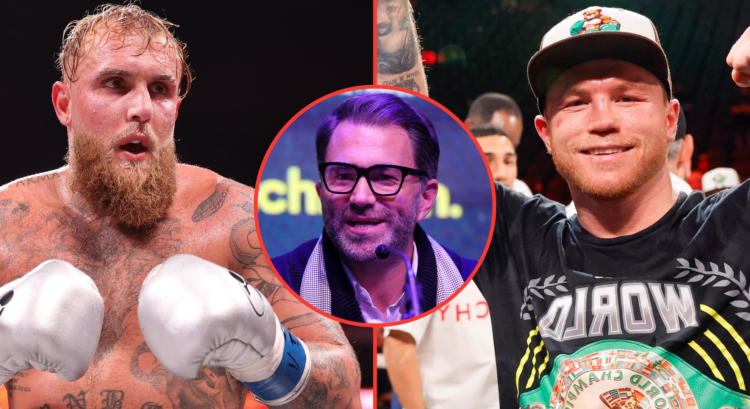 Image of Jake Paul (left), Canelo Alvarez (right), inset promoter Eddie Hearn