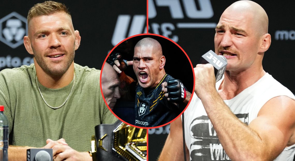 Image of Dricus du Plessis (left), Sean Strickland (right), and inset photo of Alex Pereira walking out at UFC 300