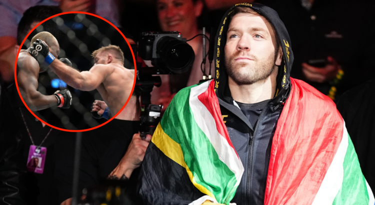 Image of Dricus du Plessis, inset image of du Plessis and Derek Brunson at UFC 285