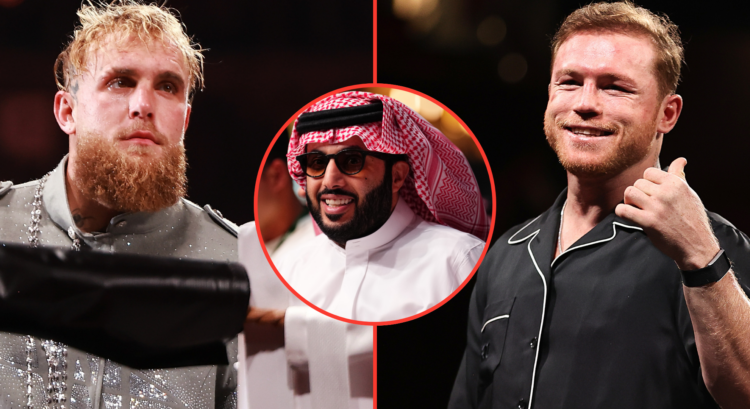 Image of Jake Paul (left), Canelo Alvarez (right), inset Turki Alalshikh