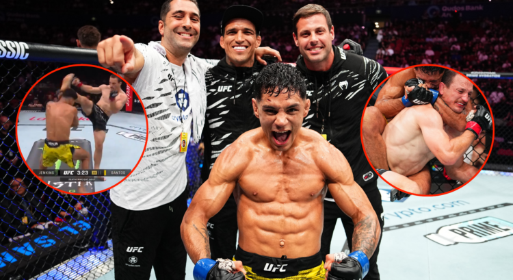 Image of Gabriel Santos with his team after UFC 312, inset images of Santos submitting Jack Jenkins, and Jenkins landing head kick