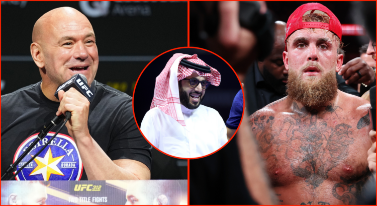 Image of Dana White (left), Jake Paul (right), inset Turki Alalshikh