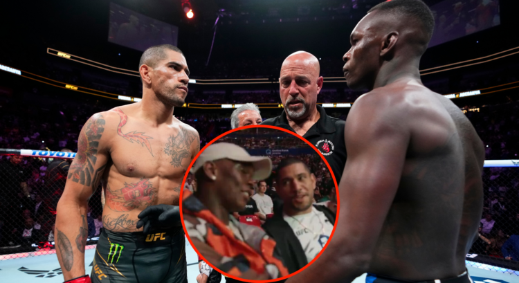 Image of Alex Pereira and Israel Adesanya before their UFC 287 fight, inset image of cageside interaction at UFC 312
