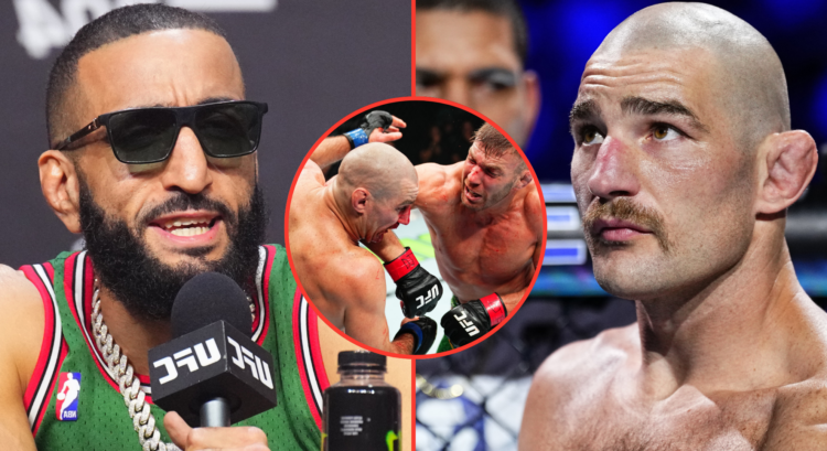 Image of Belal Muhammad (left), Sean Strickland (right), inset Strickland and Dricus du Plessis at UFC 312