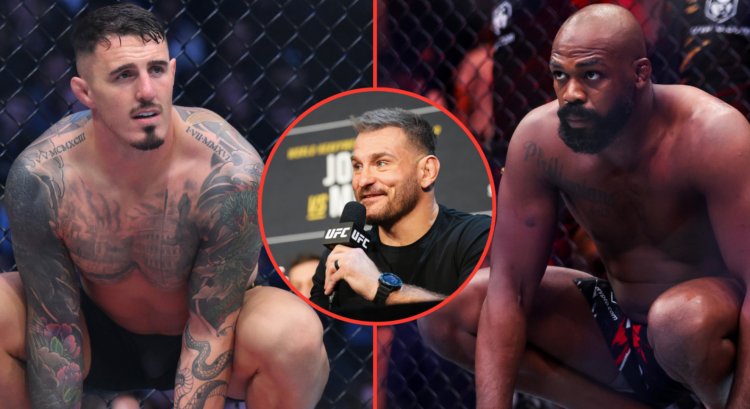 Image of Tom Aspinall (left), Jon Jones (right), inset Stipe Miocic