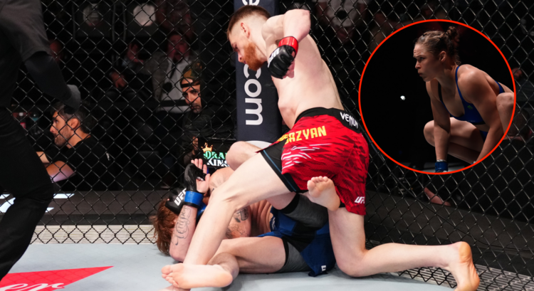 Image of Edmen Shahbazyan finishing Dylan Budka, inset Ronda Rousey