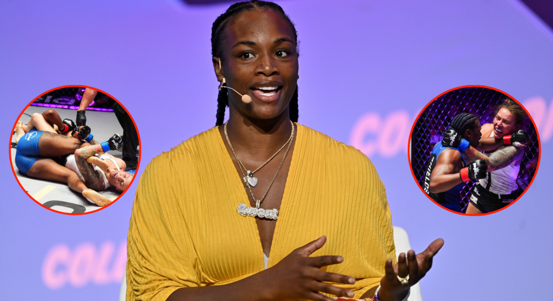 Image of Claressa Shields, inset two images of Shields' PFL fights.
