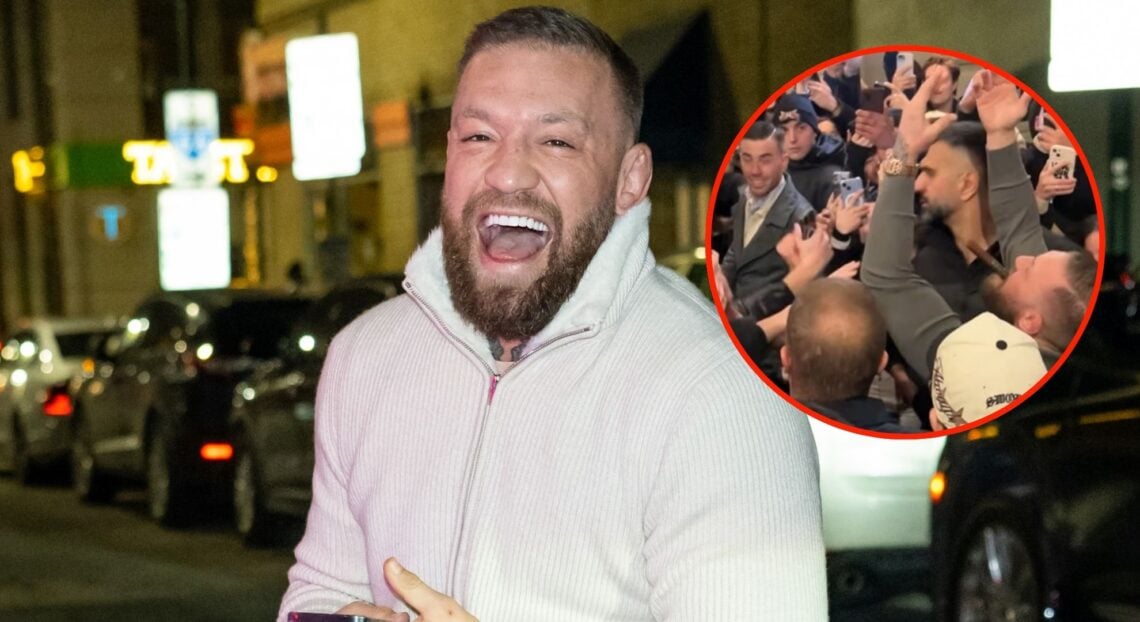 Conor McGregor laughs during trip to Philadelphia. Inset of McGregor being mobbed by fans in Italy