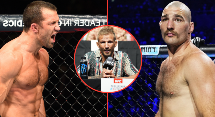 Image of Luke Rockhold (left), Sean Strickland (right), inset TJ Dillashaw