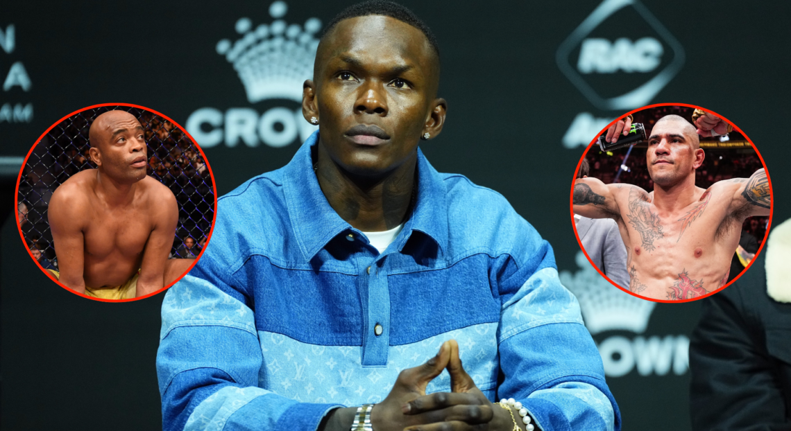 Image of Israel Adesanya, inset Anderson Silva and Alex Pereira