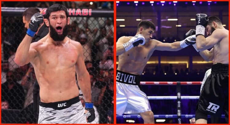 Split image of Khamzat Chimaev celebrating at UFC 308 with Dmitry Bivol punching Artur Beterbiev during their rematch