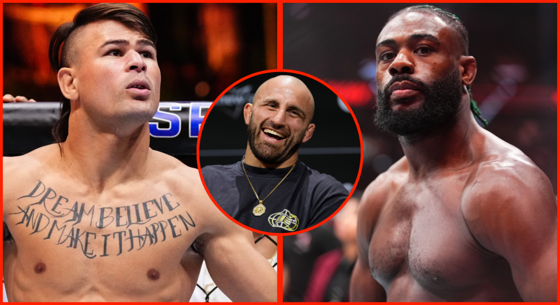 Image of UFC fighters Diego Lopes and Aljamain Sterling before their most-recent fights, inset Alexander Volkanovski laughing at a Q+A.