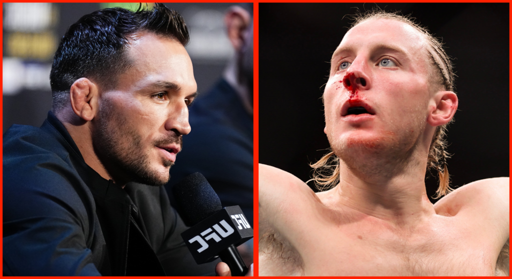Split image of Michael Chandler at the UFC 309 press conference, opposite Paddy Pimblett after UFC 296 fight.