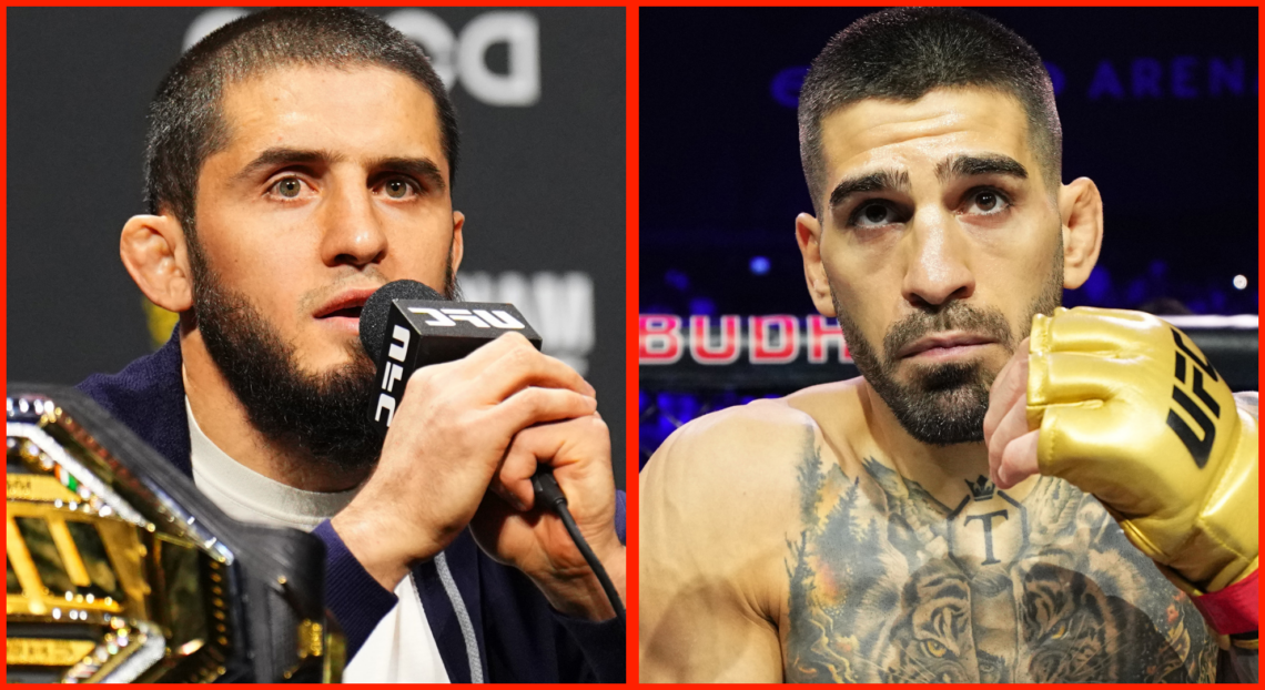 Islam Makhachev speaks at the UFC 302 pre-fight press conference, Ilia Topuria shadow boxes during his UFC 308 introduction.